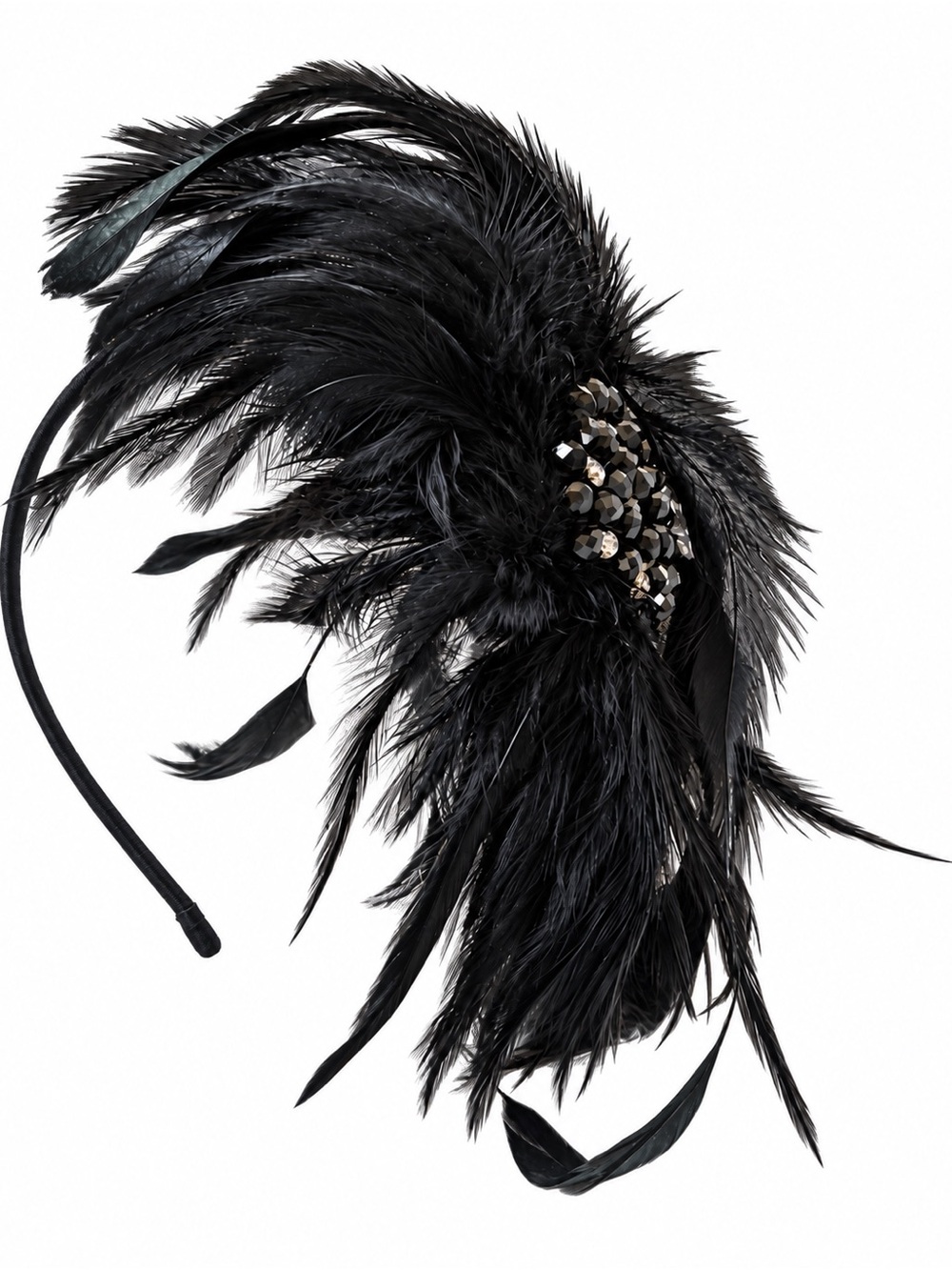 Black Feather Fascinator Headband Beaded Rhinestone Formal Statement Headpiece